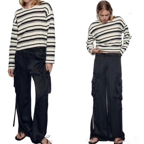 Zara NWT Women’s Rustic Short Sweater Small Black White Knit Striped Oversize Pu - Picture 2 of 7